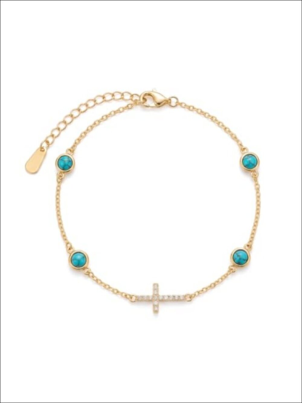 14K Gold Plated Turquoise Cross Link Adjustable Bracelet Religious Gift